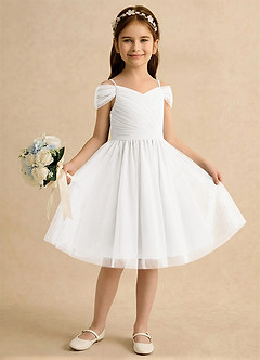 Azazie Lila Girls Formal Robe Demoiselle D'honneur Fillette Robe Trapèze en Tulle Épaule décolletée Ivoire image4