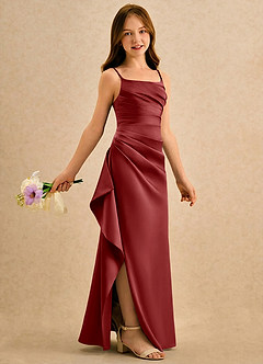 Azazie Cannoli Girls Formal Robe Demoiselle D'honneur Fillette Robe Trapèze en Mat Satiné Plissée Rouille image1
