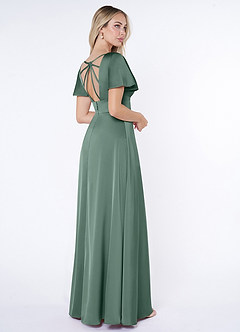 Azazie Lani Bridesmaid Dresses Eucalyptus A-Line Flounce Sleeve Stretch Satin Dress image5