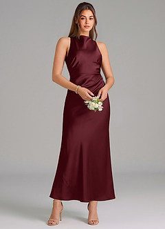 Azazie Evadne Vestidos de damas de honor Vestido de Cabernet de Satén Elástico de Corte Recto con Plisado image3