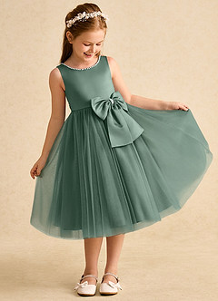Azazie Twinsie Flower Girl Dresses Eucalyptus A-Line Bow Tulle Dress image5