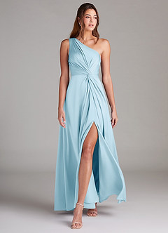 Azazie Brooke Robes de demoiselle d'honneur Robe Trapèze en Satin extensible Ue épaule Bleu Ciel image3