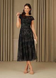 Azazie Sanna Abiti per la Madre della Sposa Abito A-Line in Tulle in Pizzo con Scollo a U Nero Champagne image1
