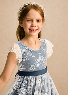 Azazie Maisie vestidos de niña de las flores Vestido Marfil Azul Petróleo de Encaje de Línea A image7
