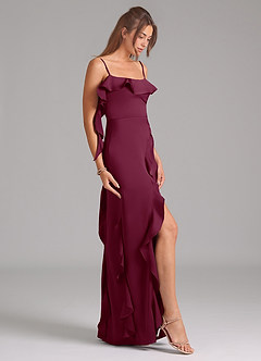 Azazie Malia Bridesmaid Dresses Mulberry A-Line Side Slit Stretch Satin Dress image5