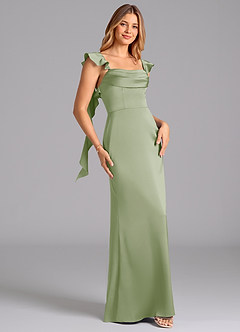 Azazie Adi Bridesmaid Dresses Dusty Sage A-Line Pleated Stretch Satin Dress image3