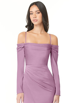 Azazie Hallie Bridesmaid Dresses Wisteria Sheath Off-The-Shoulder Long Sleeve Stretch Satin Convertible Dress image2