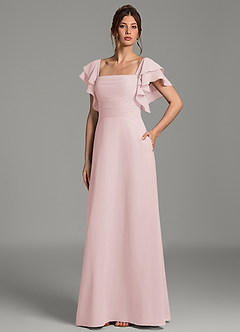 Azazie Dacia At-home Try On Dresses Blushing Pink A-Line Ruched Chiffon Dress image6