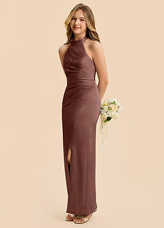 Azazie Jemma Junior Espresso Sheath Ruched Stretch Satin Dress image5