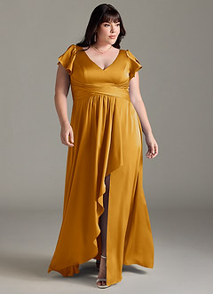 Azazie Omari Bridesmaid Dresses Butterscotch A-Line Stretch Satin Dress image7
