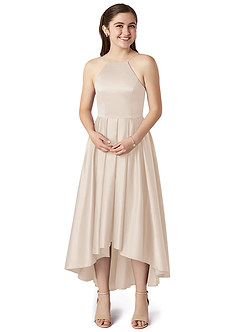 Azazie Jemima Junior White Alabaster A-Line with Pockets Stretch Satin Dress image4