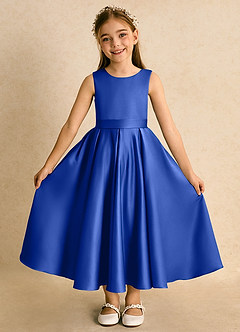 Azazie Junebuj Flower Girl Dresses Royal Blue Ball-Gown Pleated Matte Satin Dress image4