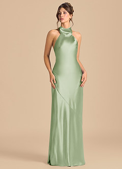 Azazie Velli 신부 들러리 드레스 쉬스 하이넥 메탈릭 새틴 바닥 길이 드레스 image2