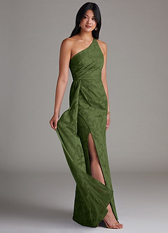 Azazie Mika Bridesmaid Dresses Olive Sheath One Shoulder Floral Burnout Dress image2