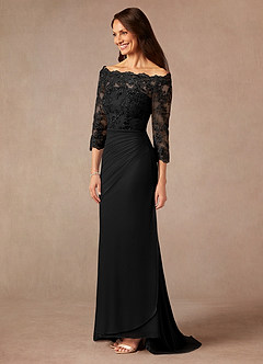 Azazie Rhonda Mother of the Bride Dresses Black Mermaid Off the Shoulder Mesh Dress image4