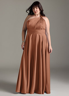 Azazie Charlize Bridesmaid Dresses Bronzer A-Line One Shoulder Stretch Satin Dress image13
