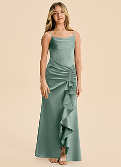 Azazie Rosalia Junior Silver Sage Sheath Pleated Stretch Satin Dress image6
