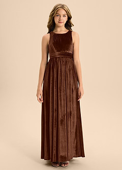 Azazie Jaylah Junior A-Linie Plissee Samt Kleid Umber image4
