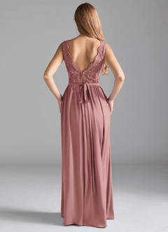 Azazie Elly Bridesmaid Dresses Dusty Rose A-Line Lace Stretch Satin Dress image2