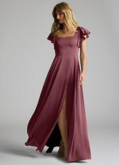 Azazie Bondi Vestidos de damas de honor Vestido Rosa Del Desierto de Satén Elástico de Línea A con Lazo image6
