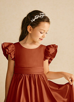 Azazie Piglette Flower Girl Dresses Paprika A-Line Bow Matte Satin Dress image3