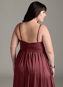 Azazie Alia Bridesmaid Dresses Merlot A-Line Pleated Stretch Satin Dress image15
