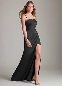 Azazie Danelle Bridesmaid Dresses Black Sheath Pleated Stretch Satin Dress image3