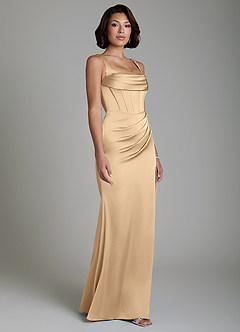 Azazie Amora Bridesmaid Dresses Champagne Mermaid Corset Stretch Satin Dress image5