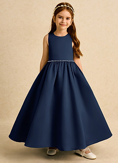Azazie Daisies Flower Girl Dresses Dark Navy Ball-Gown Bow Matte Satin Dress image2