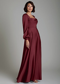 Azazie Solana Bridesmaid Dresses Cabernet A-Line Long Sleeve Stretch Satin Dress image5