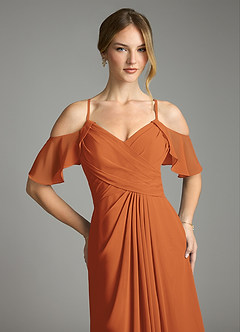 Azazie Dakota Vestidos de damas de honor Vestido de Canela de Gasa de Corte en A con Cuello en V plisado image7