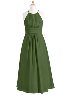 Azazie Bonnie Junior Olive A-Line Pleated Chiffon Dress image5