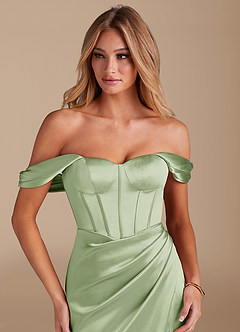 Azazie Asha Robes de demoiselle d'honneur Robe Fourreau en Satiné métallisé Épaule décolletée Vert Sauge image5