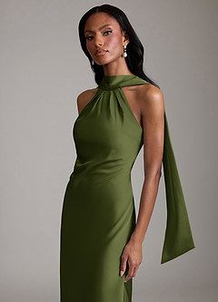 Azazie Cassiana Abiti da Damigella Abito Sirena in Raso Elasticizzato Plissettato Oliva image3