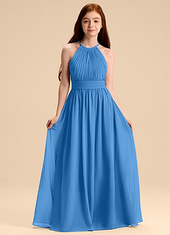 Azazie Malone Junior Robe Trapèze en Mousseline de soie Plissée Geai Bleu image3
