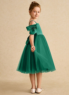 Azazie Amie Flower Girl Dresses Emerald A-Line Off the Shoulder Matte Satin Dress image6