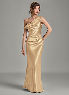Azazie Emerson Bridesmaid Dresses Champagne Mermaid Off the Shoulder Metallic Satin Dress image4