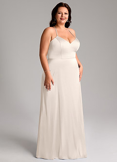 Azazie Mei Robes de demoiselle d'honneur Robe Trapèze en Satin extensible Col en V Albâtre Blanc image10