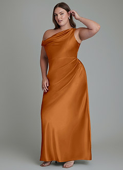 Azazie Emerson Bridesmaid Dresses Copper Mermaid Off the Shoulder Metallic Satin Dress image11