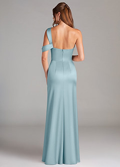 Azazie Wynter Bridesmaid Dresses Moody Blue Sheath Off the Shoulder Stretch Satin Dress image2