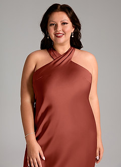 Azazie Doretta Abiti da Damigella Abito Sirena in Raso Elasticizzato Plissettato Terracotta image6