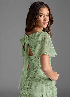 Azazie Kimber Bridesmaid Dresses Green Fern Floral A-Line Flounce Sleeve Chiffon Dress image6