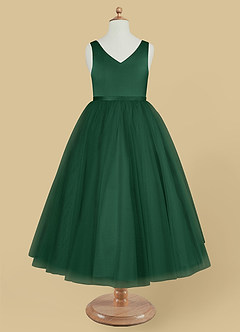 Azazie Marybell Flower Girl Dresses Dark Green A-Line Bow Tulle Dress image5
