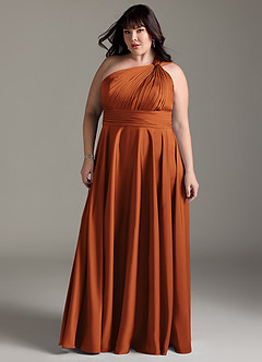 Azazie Charlize Bridesmaid Dresses Cinnamon A-Line One Shoulder Stretch Satin Dress image13