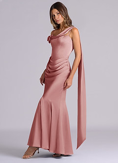 Azazie Inara Robes de demoiselle d'honneur Robe Sirène en Satin extensible Plissée Rose Poussiéreuse image3