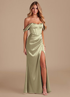 Azazie Asha Robes de demoiselle d'honneur Robe Fourreau en Satiné métallisé Épaule décolletée Vert Mousse image4