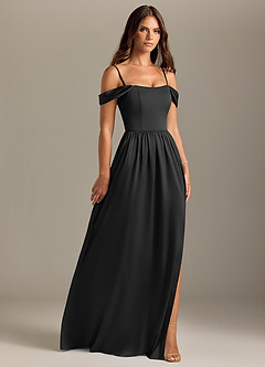 Azazie Calianna Bridesmaid Dresses Black A-Line Off the Shoulder Stretch Satin Convertible Dress image7