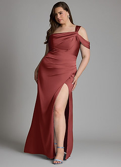 Azazie Wynter Bridesmaid Dresses Terracotta Sheath One Shoulder Stretch Satin Dress image8