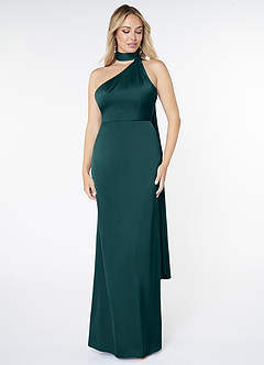 Azazie Kaylani Vestidos de damas de honor Vestido de Pino de Satén Elástico de Corte Sirena con Cuello Alto image1
