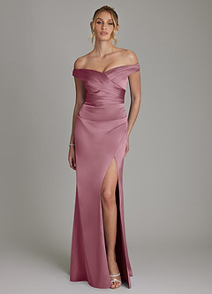 Azazie Teyana Bridesmaid Dresses Vintage Mauve Sheath Off the Shoulder Stretch Satin Dress image4